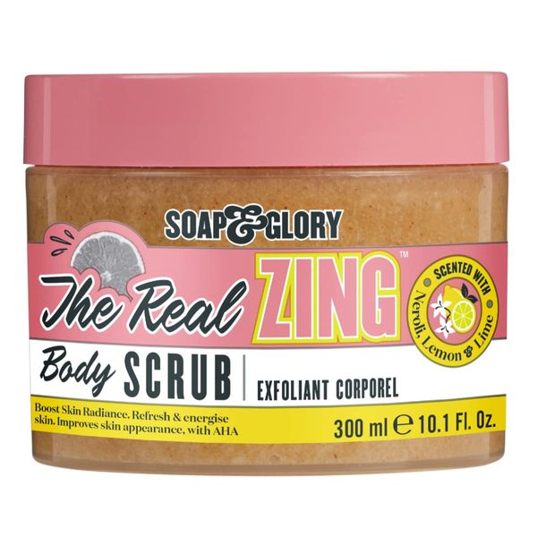 Soap & Glory The Real Zing Body Scrub - Smoothing & Buffing Sugar Scrub - Lemon Citrus Scented Body Polish - Skin Brightening Sea Salt Scrub (300ml)