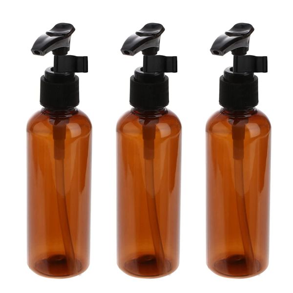 Mebamce 3pcs 100ml 3.5oz Empty Refillable Brown Plastic Pump Dispenser Bottles Jars Container for Conditioner Body Wash Hair Gel Liquid Hand Soap DIY Lotion's and Massage Oil's