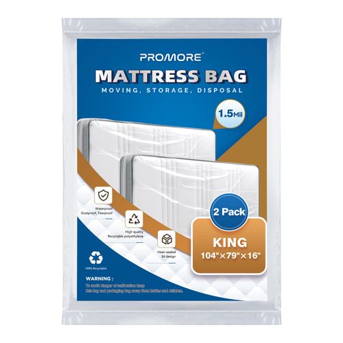 PROMORE 2PK King Plastic Mattress Bag for Disposal, Clear Mattress Covers for Moving or Storage, Christmas Tree Removal&Storage Bag (1.5Mil, King Size,104"x79"x16")