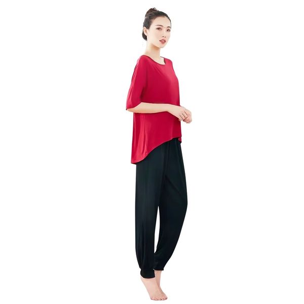 Sillictor Yoga Wear Top and Bottom Set, Women's, Dance Clothes, Sports, Short Sleeve T-Shirt, Yoga, Loose, Long Pants, Training Wear, Stretch, Breathable, Quick Drying & UV Protection, red