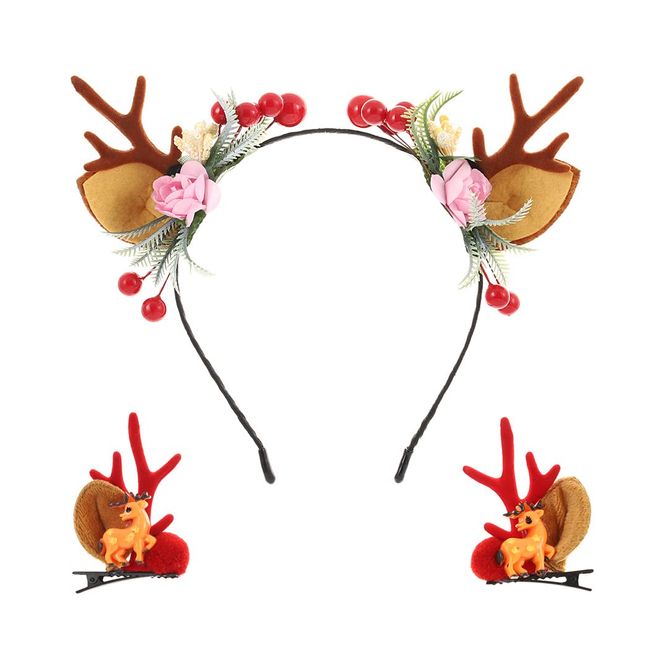 IYOU Weihnachten Stirnband Set Geweih Blume Rot Kopfbedeckung Hirsch Tier Hörner Haarteil Halloween Kostüm Haarschmuck für Frauen und Mädchen