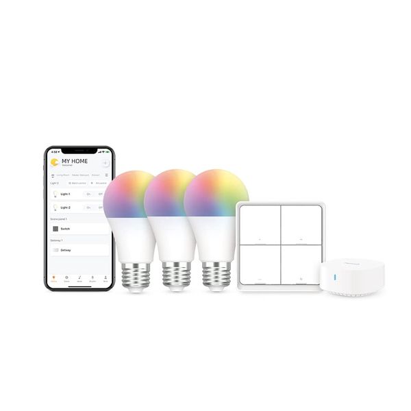 Broadlink Smart Bulbs Starter Kit - 3 A19 FastCon Color Changing Light Bulbs with Music Sync, 1 Wireless Scene Switch and Hub Included, 16 Million Colors, Works with Alexa, Google Home, 5 Piece Set