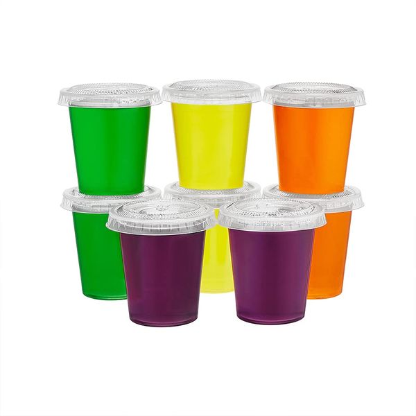 King Zak 150 Sets - 1.5oz, Disposable Mini Plastic Jello Shot Cups With Lids Perfect For Portion Souffle, Condiment, Dipping Sauce, Salad Dressing And More