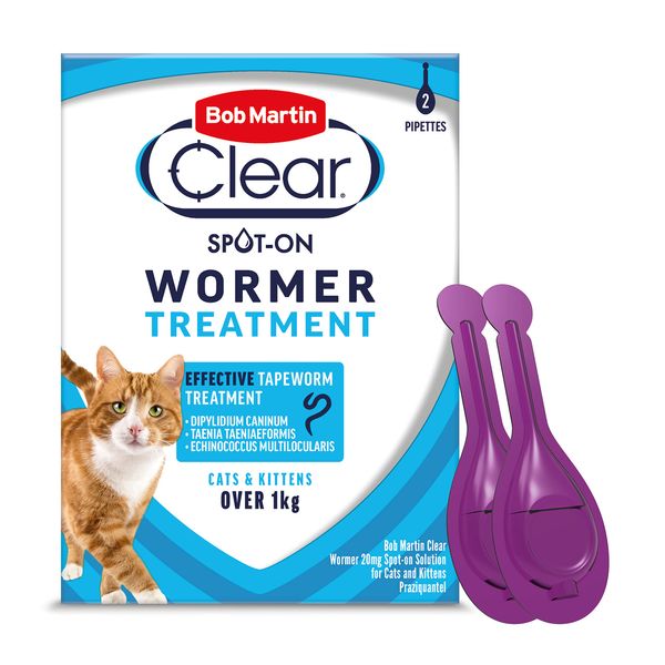 Bob Martin Clear Spot On Wormer for Cats and Kittens - 100 Percent Effective Tapeworm Treatment (2 Pipettes)