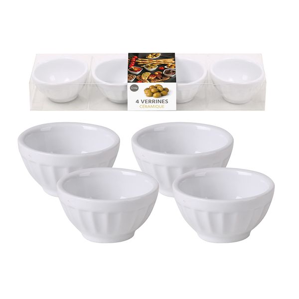 Ceramic Dipping Sauce Dishes Set of 4 Mini White Condiment Soy Sauce Dipping Bowls Pots Round Ketchup BBQ Mustard Sauce Mini Side Seasoning Serving Dish (Ribbed)