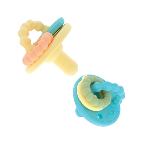 Nuby Charms Silicone Infant Pacifier and Teether - 2 Pack - 0+ Months - Yellow and Blue