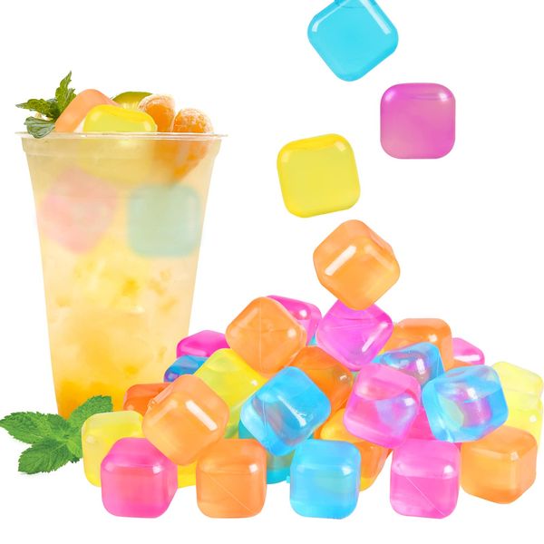 80 Pack Reusable Ice Cube, Colorful Plastic Squares Ice Cubes, Washable Refreezable Ice Cube for Drinks, Whiskey, Coffee