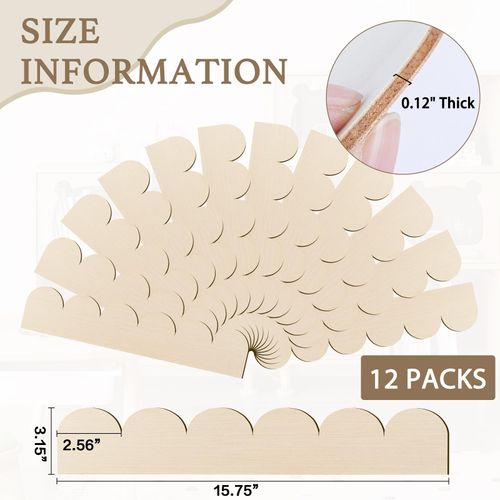 Scalloped Decorative Wood Trim Unfinished Scalloped Edge Wooden Molding Cute DIY Moulding Trims for Cabinet Window Shelf Door Wall, 15.74 x 3.15 Inch, 12 Pack