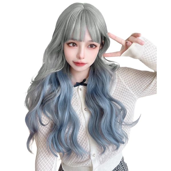 Aisiqueensウィッグ ロング カール インナーカラー ブルー グレー フルウィッグ 女装 レディース 女性用 ウェーブ 巻き髪 ファッションウィッグ 自然 通気 レディース かつら wig 小顔効果 ロングヘアー ロリータ コスプレ日常 耐熱 ふわふわ ぱっつん前髪 原宿系 パーマ ネット ネット/櫛付き