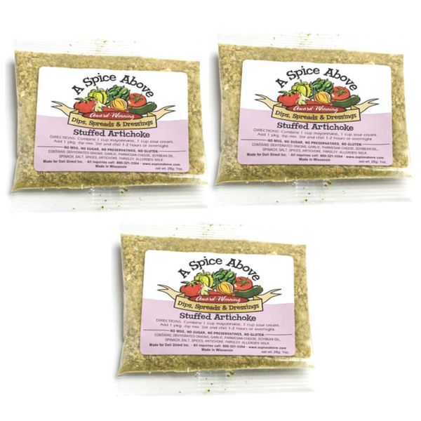 A Spice Above Dips, Spreads, and Dressing Mixed Seasonings Party Packets, 3 Pack (Stuffed Artichoke)