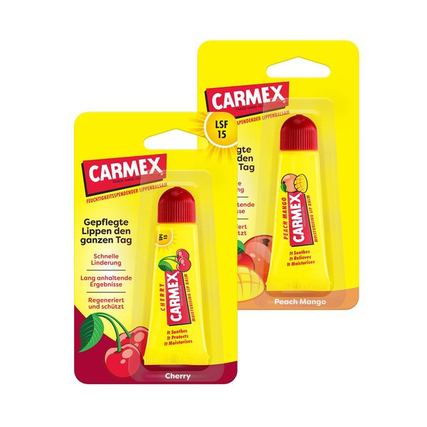 Carmex Peach Mango and Cherry Tube - Lip Care for Dry Lips, Lip Balm Moisturising and Soothing for Cracked Lips, with Vaseline, Vitamin E and Beeswax - (2 x 10 g)