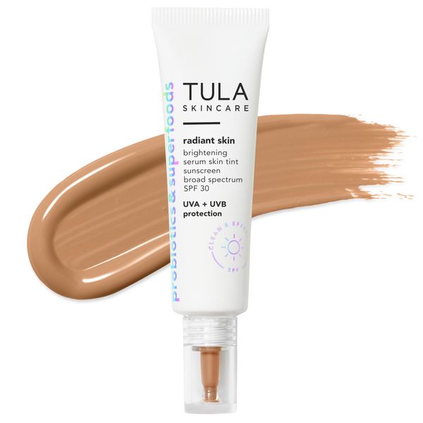 TULA Skin Care Radiant Skin Brightening Serum Skin Tint SPF-Facial Sunscreen Provides Broad Spectrum SPF 30 Protection, Tinted, Serum-Light Formula Brightens and Evens Skin-Shade 16, 1.0 fl oz.