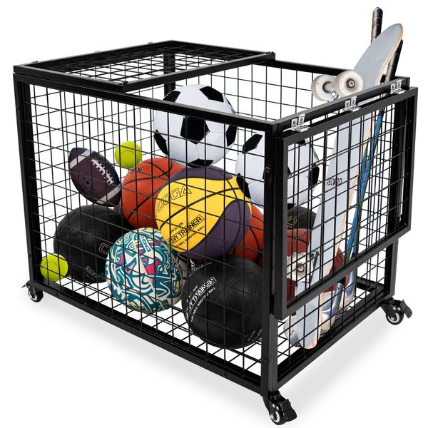 rehomerance Ball Cart Garage Sports Equipment Organizer with Lockable Lid, Basketball Storage Bin for Indoor Outdoor, Rolling Exercise Ball Cart Holder for Gym, School, Club