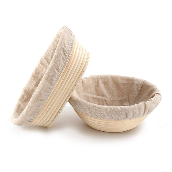 Set 2 Bread Proving Basket 22cm/8.6 inch Round + 25cm/10 inch Oval Sourdough Bread Proving Banneton Basket Bortfom Baking Tool Bowl with Linen Cloth Liner