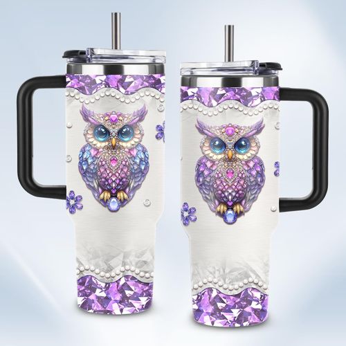 HYMONA Owl Gifts For Women, Unique Owl Coffee Mugs For Women, Stainless Steel 40 Oz Owl Cups Tumbler, Birthday Gifts for Owl Lovers Purple Diamond Owl Mug Gifts