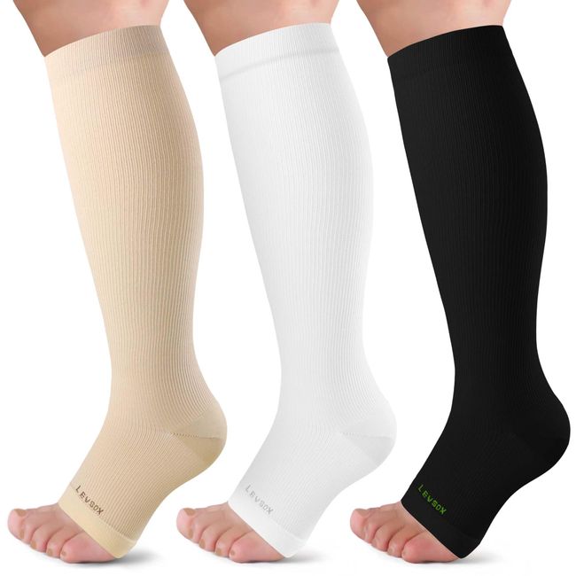 LEVSOX Open Toe Compression Socks for Women & Men 20-30mmHg Toeless Sock Knee High Support Stockings for Circulation Nurses Pregnant Travel