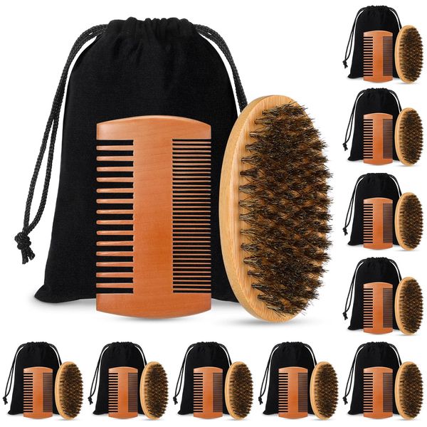 10 Sets Beard Brush and Comb Set Beard Grooming Kit for Men Beard Care Natural Boar Bristle Brush Pear Wood Beard Comb Dual Sided Wide Tooth Comb with Travel Pouch for Grooming Beards (Oval)