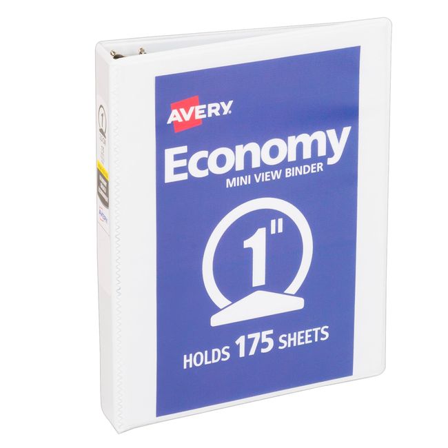 Avery Mini Economy View 3 Ring Binder, 1" Round Rings, Holds 5.5" x 8.5" Paper, 1 White Binder (05806)