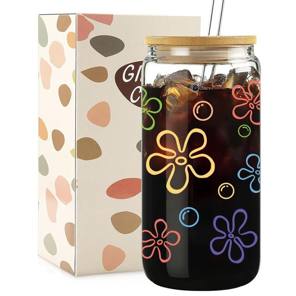 Mikopei Cute Glass Cups with Lids and Straws - Flowers and Bubbles Iced Coffee Cup for Adults Women Men, Funny Unique Decor Party Birthday Decorations, 16 oz