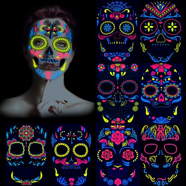 HOWAF 8 Halloween Tattoo Gesicht Neon Party Temporäre Tattoos Tag Der Toten Tattoo Gesicht Totenkopf Skelett Temporäre Gesicht Tattoo Aufkleber halloween schminke Tattoo für Dia De Los Muertos Kostüm