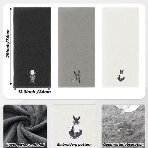 FuWeave 3 Pcs Funny Donkey Hand Towels Embroidered Donkey Farmhouse Decorative Bathroom Towels for Bathroom Kitchen Decor, 100% Cotton, 13.3 x 29.5''