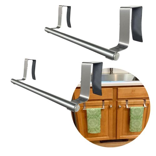 Evelots Towel Hook, Bar Over Cabinet Door - Kitchen, Bathroom - 2 Pack- Hand, Dish Towel Rack Holder - Inside or Outside Door - Brushed Stainless Steel - No Rust - No Scratch - No Installation