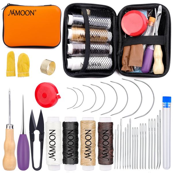 38Pcs Upholstery Repair Kit includes Sewing Thread and Needles, Awl, Thimble, Leather Sewing Needles Kit for Upholstery, Leather, Carpet Canvas Repair for Leather Repair