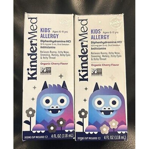 Set of 2. KinderMed Kids' Allergy, Organic Cherry Flavor, 4oz (118mL) Exp 11/24