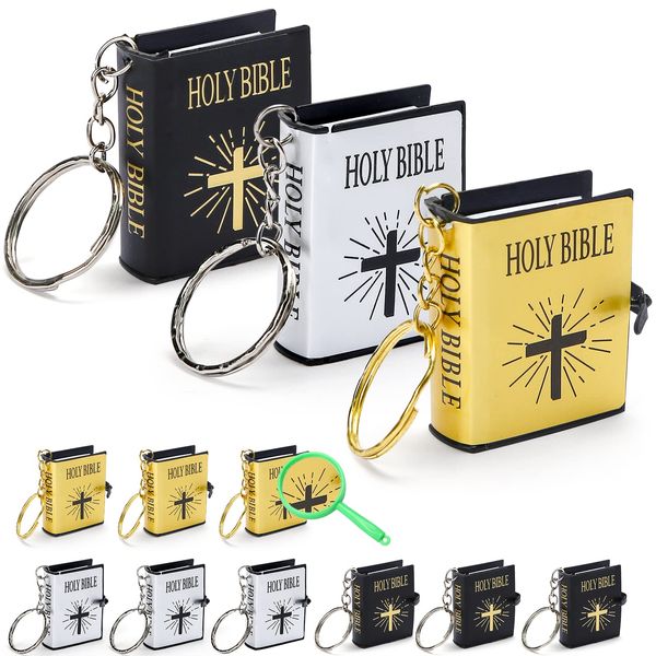 AMOR PRESENT FREESOOTH Bible Keychain, 12 PCS Miniature Real Bible Key Chains Handbag Pendant Xmas Gift with Magnifying Glass