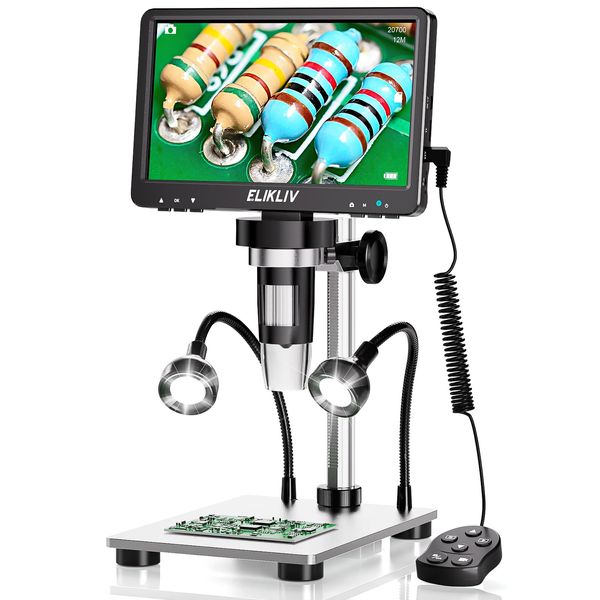 Elikliv EDM9 7'' LCD Digital Microscope 1200X, 1080P Coin Microscope with 12MP Camera Sensor, 10 LED Lights - Ideal for Coin Collectors and Electronics Enthusiasts, Windows/Mac OS Compatible