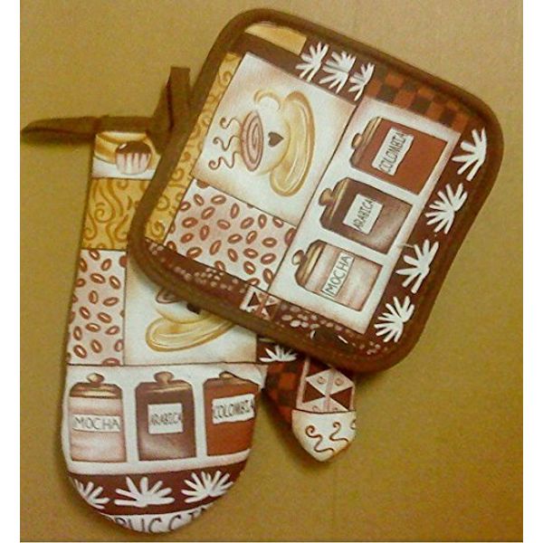 2-pc Kitchen Set Pot Holder Oven Mitt Cafe Coffee Container (Brown)
