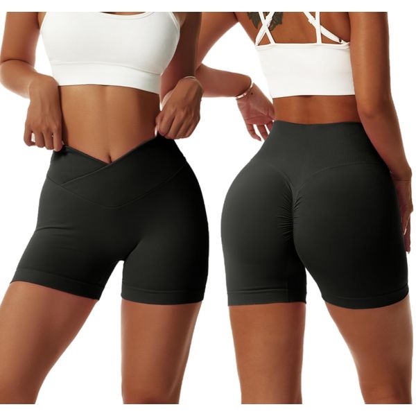 Arkim Sport Shorts Damen, Scrunch Butt Kurze Sporthose Damen, High Waisted V Taille Super Schlank Sport Leggings Biker Yoga Leggings Fitness Gym Shorts Damen(Schwarz,S)