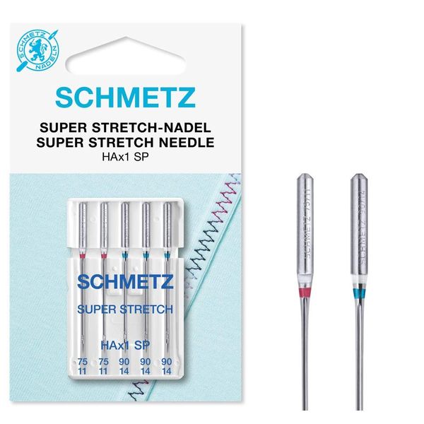 SCHMETZ Domestic Sewing Machine Needles | 5 Super Stretch Needles | HAx1 SP | Needle Size 2x75/11,3x90/14 | for Working with Elastic Fabrics with Thicker Sewing Threads