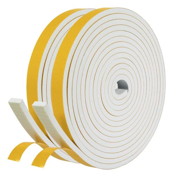 fowong Draft Excluder Tape for Doors Weather Stripping, 12mm Wide X 6mm Thick White Foam Seal Gasket Tape Window Door Draught Excluder, 2 Rolls Total 8m Long (2 X 4m Each)