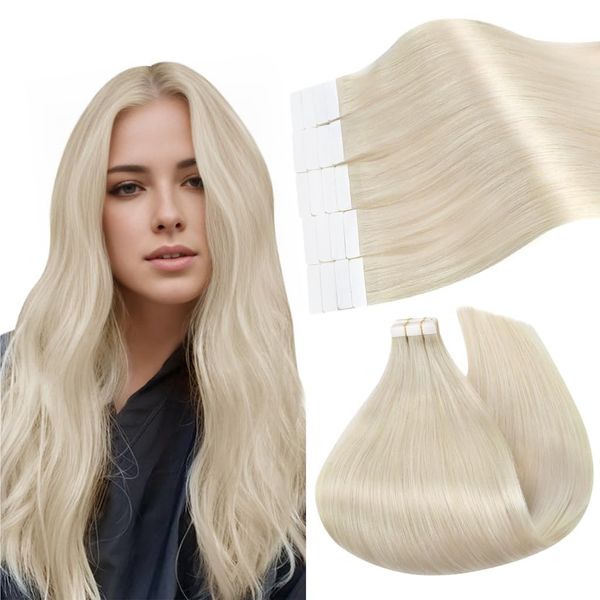 Ugeat Tape in Extensions Echthaar Blond Echthaar Extensions Tape Weißblond Haarverlängerung Echthaar Tape Remy Invisible Tape Extensions Echthaar Platinblond 40cm 50g 20 Stück