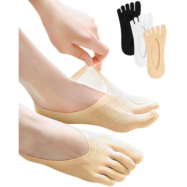 PGRODE 6 Pair Bunion Relief Socks for Women Toe Separator, Toe Alignment Socks for Bunion Correction, Compression Toe Socks No Show Low Cut Liner Five Finger Socks