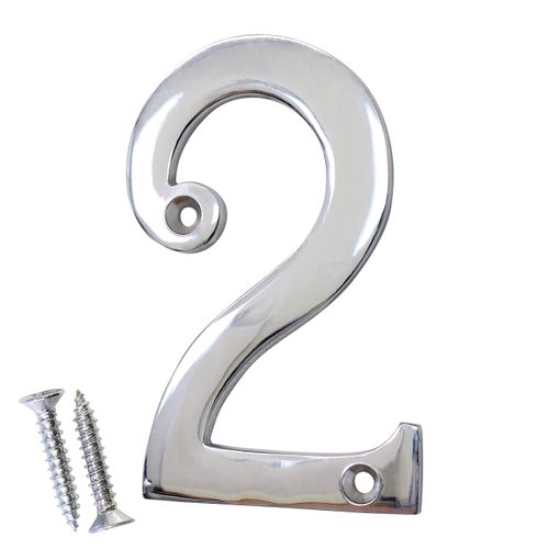 RCH Hardware 2272CP100 | Solid Brass 4" Tall House Number 2, Polished Chrome Shiny Silver Matching Screws Included