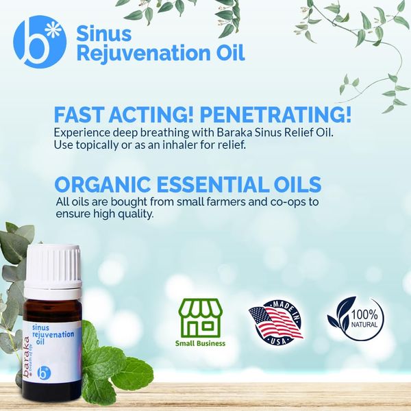 Baraka Sinus Rejuvenation Oil - A Powerful Blend of 6 Organic Essential Oils for Enhanced Breathing and Relaxation - Helps Rejuvenate Your Sinuses - Ideal for Daily Use - 4ml (2-Pack)