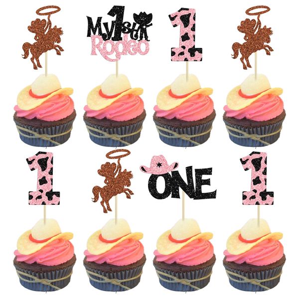 24Pcs Cowboy My 1st Birthday Cupcake Toppers Riding Horse Cowgirl Hats Cake Decorations Western Theme Happy Birthday Baby Shower Party Cake Decorations Supplies Pink