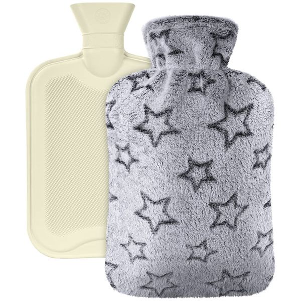 Vicloon Hot Water Bottle with Super Soft Plush Cover, 2L Hot Water Bottle for Hot and Cold Compress, Hand & Feet Warmer, Muscle Pain Relief, Hot Water Bag for Great Gift, Safe and Durable (Light-Grey)