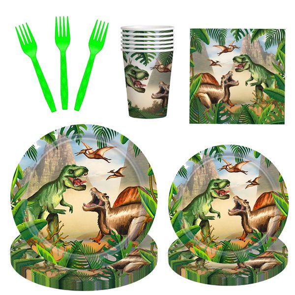 Dinosaur Party Plates & Napkins - 120 PCS Disposable Paper Tableware Set - Paper Plate, Cup, Disposable Fork for Birthday & Congrats Grad Party Decorations - Luncheon/Cocktail Napkins, Serve 24