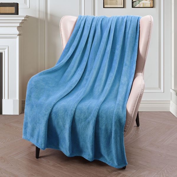 Exclusivo Mezcla Soft Throw Blanket, 127 x 178 CM Fleece Velvet Blanket for Sofa Settees, Fluffy Sofa Throws, Warm, Cozy, Plush and Lightweight Washed Blue Blanket