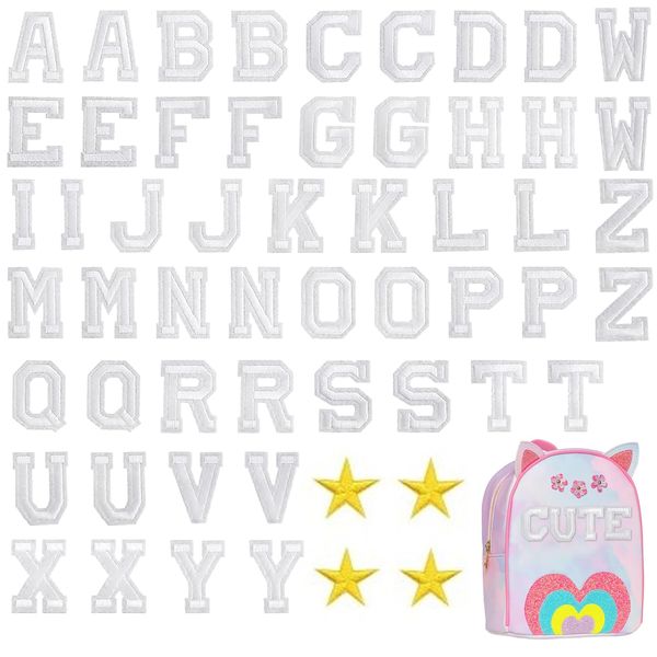 52Pcs Iron on Letter Patches, Alphabet Applique Patches Letters A-Z, with 4 Pcs Gold Stars Embroidered Patches, Repair Patches for Hats Shoes Bags Clothing