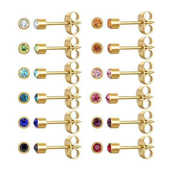 12 Pairs Ear Piercing Stud Earrings Set,Gold Plated Surgical Stainless Steel Multicolor Birthstone Cubic Zirconia Stud Earrings for Ear Piercing Guns (Gold 4mm)