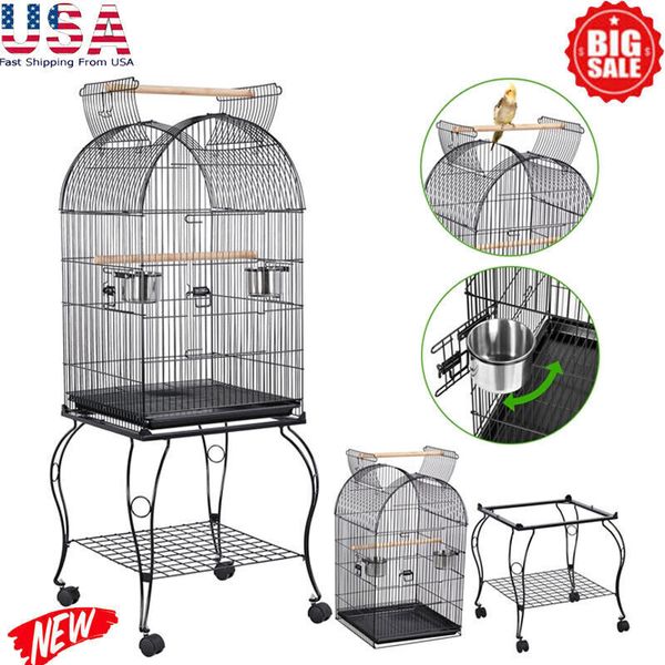 Metal Rolling Bird Cage W/ 2 Feeders ＆ 2 Wooden Perches Birdcage Parrot Pet Gift