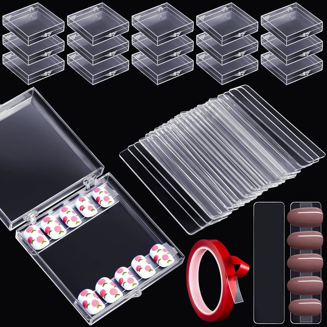 66 Pcs Artificial Nail Storage Box and Nail Art Display Stand Holder Set, 15 Plastic False Nail Packaging Boxes 50 Clear Press on Nail Stand with 5 M Double Sided Tape for Acrylic Nails Practice Salon