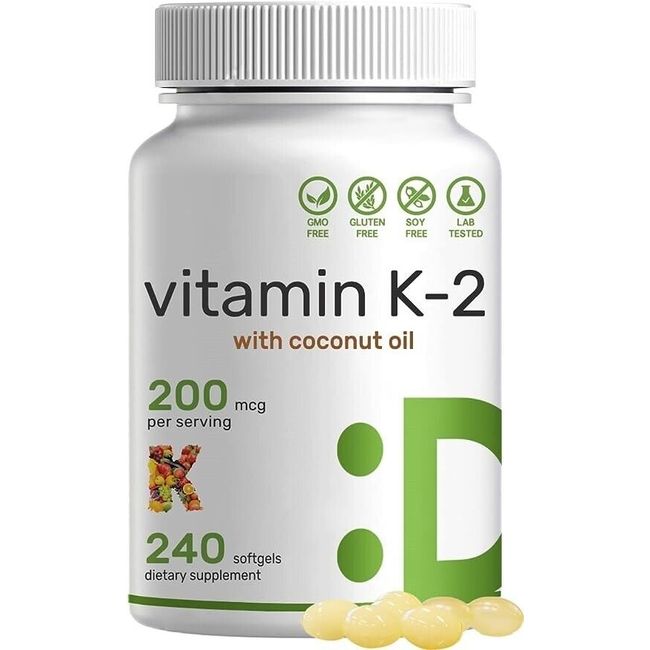 Vitamin K2 MK-7 200 mcg, 240 gels Gluten Free/Non-GMO Nutricost Menaquinone-7