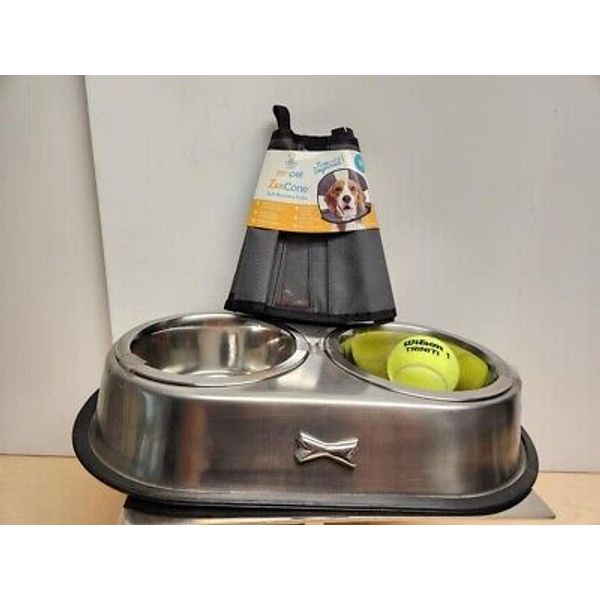 ZEN PET RECOVERY COLLAR &  HARMONY STAINLESS STEEL DOG DISH BOWL GIFT SET