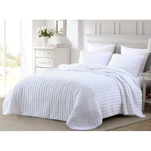 Elegant 3 Piece Queen Size Summer Quilt Bedspread Coverlet | Channel Stitch, Pom Pom Fringe | Gorgeous All Season Aesthetic Bedding | Super Soft Comfort Subtle Casual Vibe | Pretty Bright White Color