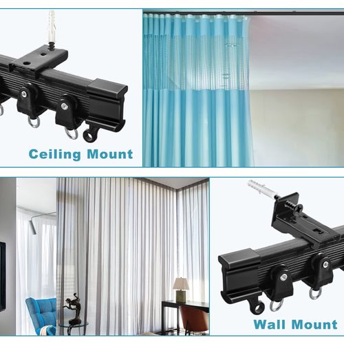 KOLAKO Ceiling Curtain Track, Flexible Bendable Curtain Track Wall or Ceiling Mount, Black 8Ft Curved Curtain Tracks System Sliding RV Curtain Rail Track with Clips, Room Divider